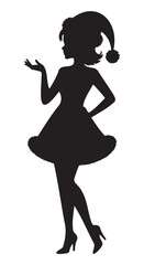 Silhouette of a woman in a festive Santa hat and dress, posing playfully.