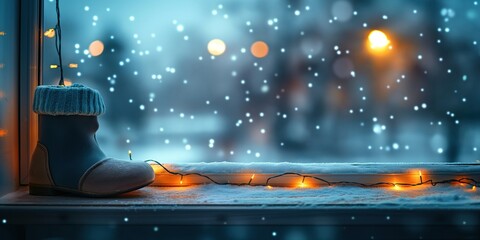 A cozy winter scene with a child's boot on a windowsill, decorated with warm lights. Snow falls outside, creating a festive atmosphere for St Nicholas Day.