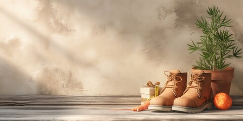 Brown boots filled with greenery, a small gift box, and an orange. The scene captures the festive spirit of St Nicholas Day with holiday decorations.