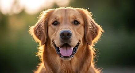 Golden Retriever dog portrait with sunlight and bokeh background a classic dog breed full of love and affection