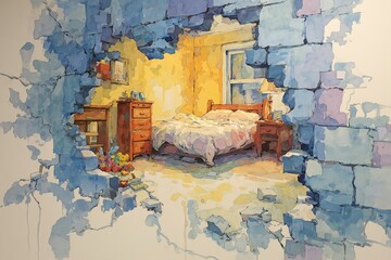 Mural depicting a vibrant bedroom scene through a brick wall with a playful touch of artistry and imagination