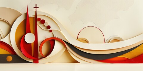 Abstract design representing St Nicholas Day with flowing shapes in red, cream, and black. Elements suggest festive themes and holiday traditions.