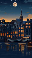 A serene night scene in Amsterdam featuring traditional Dutch houses with illuminated windows, a calm canal, and a boat reflecting in the water under a full moon.