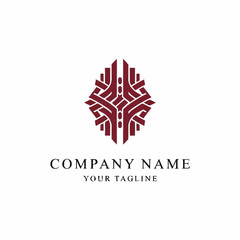 Abstract geometric logo design with intricate red pattern.