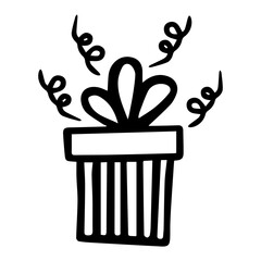 Simple gift box icon with ribbon and confetti in doodle style. Vector illustration isolated on white background. Perfect for web icons, greeting cards design, birthday, christmas, celebration.