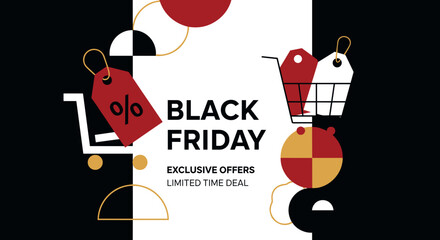 Black Friday exclusive offers banner featuring geometric shopping carts and price tags