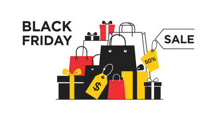 Black Friday mega sale with shopping bags gifts and 50 discount tags
