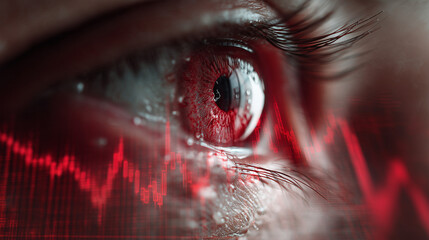 human eye worryful watching market economy decline. red market chart graph declining in front of eye. economy collapse crash recession crisis