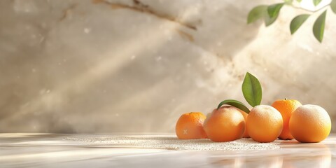Fresh oranges with green leaves arranged on a wooden surface. The background features a soft, neutral marble texture, creating a warm and inviting atmosphere.