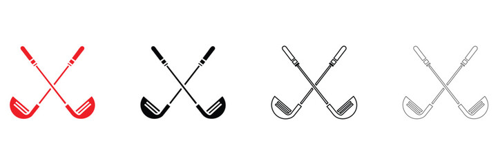 crossed golf stick vector icon, pair of iron or wedge golf club vector, silhouette and line art