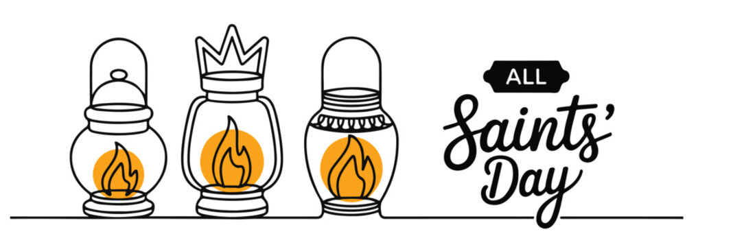 Continuous line art illustration of three lanterns with flames for All Saints' Day celebration.