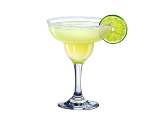 Classic cocktail in elegant glass with lime wedge and salt rim, black background