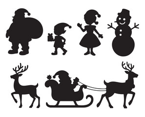 Silhouette collection featuring Santa Claus, elves, snowman, reindeer, and a sleigh for Christmas.