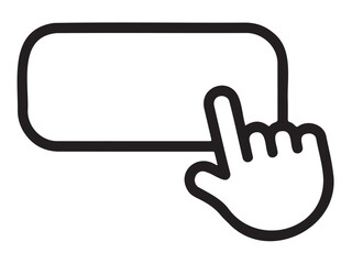 An outline icon of a hand cursor pointing at a rectangular button or input field, symbolizing interaction or a click action.