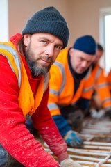 Obraz premium Workers installing underfloor heating