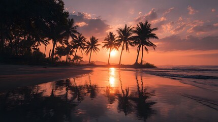 Obraz premium Golden Bali Tropical Sunset with Palm Trees
