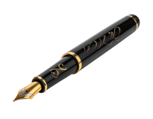 Elegant fountain pen with gold trim and nib, against a black background