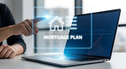 Close up of a person s hand using a smartphone to interact with a digital mortgage plan interface displayed on a laptop screen