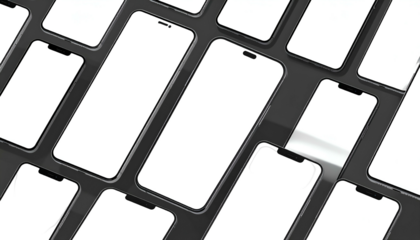 A grid of mobile devices with blank screens on a dark surface, angled for a presentation