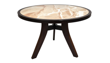 Round side table with marble top and dark wooden legs against a black background