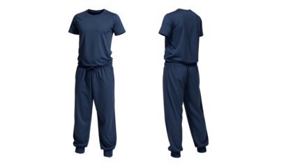 A front and back view of a dark blue jumpsuit with a t-shirt top and joggers-style pants