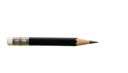 A single, sharpened black pencil lies horizontally against a stark black background