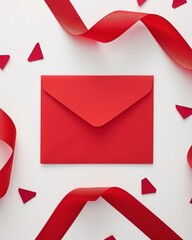 A red envelope lies on a white surface surrounded by red ribbons and small triangular confetti. The scene is festive, perfect for Santa's List Day.