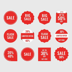 Collection of Red Sale Stickers and Badges for Promotional Marketing.