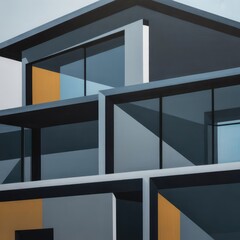 Fototapeta premium Architectural drawing presenting contemporary residential design featuring expansive glazing, central staircase entrance, nestled among surrounding woodland landscape 