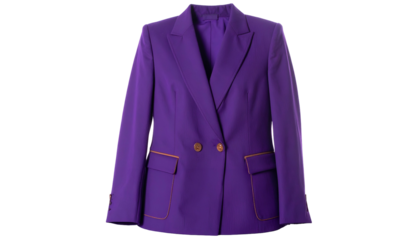 A vibrant, double-breasted purple blazer with gold trim on a black background