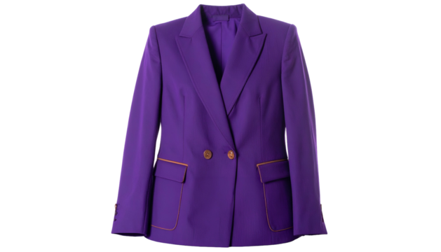 A vibrant, double-breasted purple blazer with gold trim on a black background