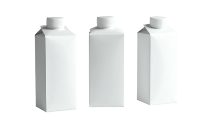 Three white, geometric beverage containers with screw-top caps on a transparent background