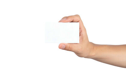 Fototapeta premium A hand presents a blank white rectangular card on a black background