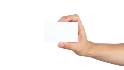 A hand presents a blank white rectangular card on a black background