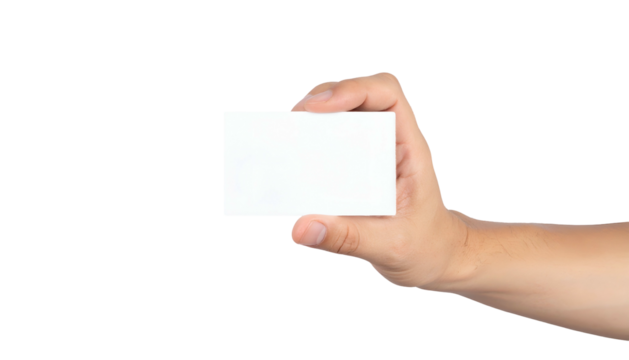 A hand presents a blank white rectangular card on a black background - Powered by Adobe