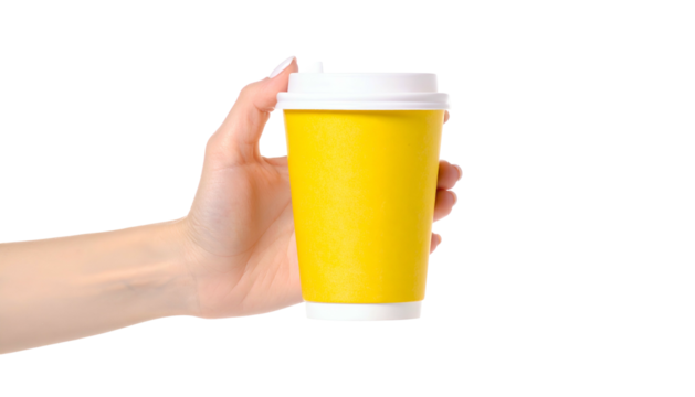 Woman's hand holding a bright yellow paper cup with a white lid against a black background