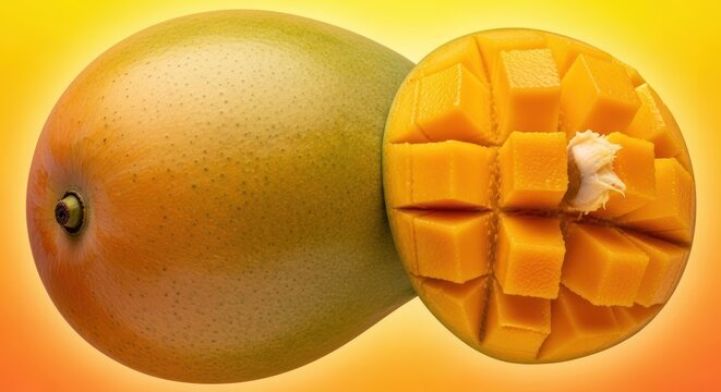 Tropical freshness: Close-up of whole and diced ripe mango fruit halves