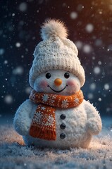 Cheerful snowman wearing a knitted hat and scarf standing in a snowy landscape
