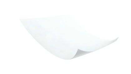 Isolated white sheet of paper floating, bottom right corner curved, isolated on black background