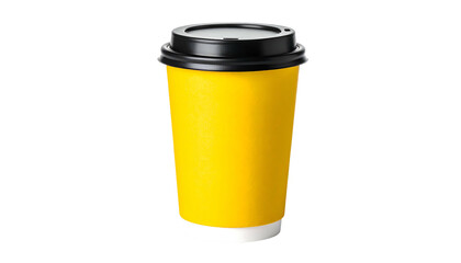 A single, bright yellow paper cup with a black lid, set against a transparent background