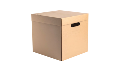 A closed, brown, rectangular cardboard box with a handle cut-out