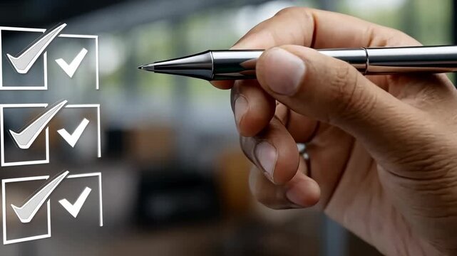 Hand marks checklist with a silver pen in a bright office setting during the afternoon