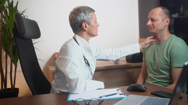 Sore throat, consultation and man by doctor in hospital for flu, cold or cough illness. Healthcare, sick and patient with medical worker for checkup with bacterial infection, laryngitis or allergies.