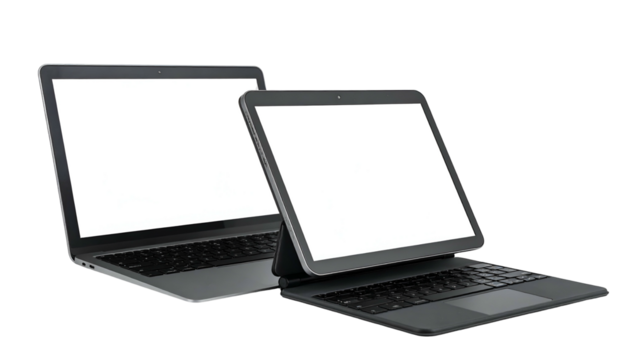 Two dark electronic devices, one laptop, one tablet with keyboard, screens lit, on black