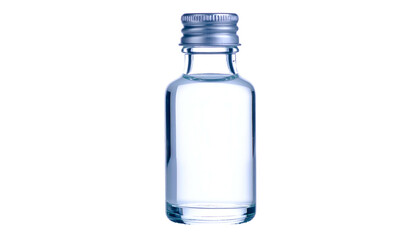A small, transparent bottle filled with clear liquid, topped with a silver metal cap against black