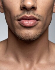Obraz premium Close-up shot of a person's lower face. Visible lips, mustache, beard, and skin detail