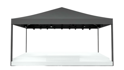 A black-roofed, rectangular canopy structure atop a white stage, empty inside