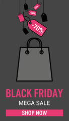Black Friday mega sale graphic with shopping bag and 70 discount tags Perfect for ecommerce