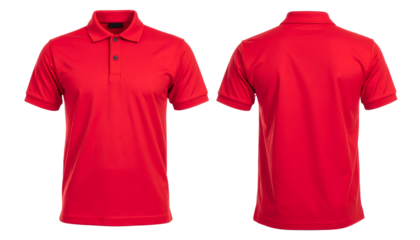 Front and back views of a vibrant red polo shirt, isolated on a black background