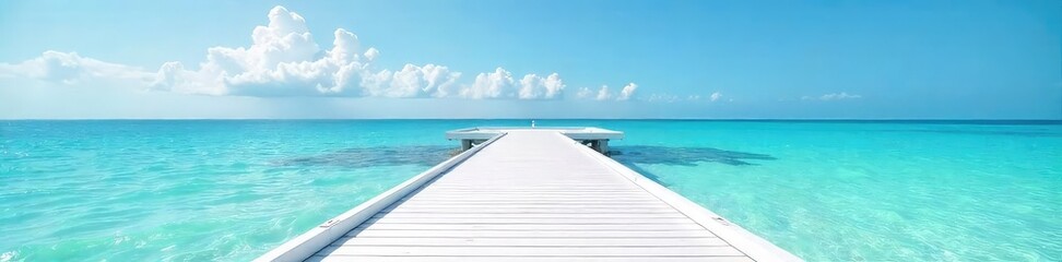 Fototapeta premium A pristine white pier stretches out into a calm, blue ocean under a vibrant sky The wood is smooth and polished, reflecting the sunlight Perfect for travel, coastal, and summer themes , sea, jetty